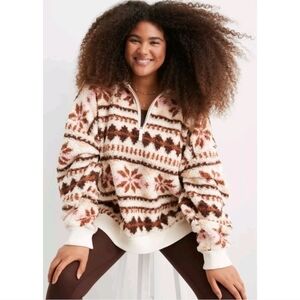 AERIE Hometown Holiday Fair Isle Oversized Sherpa Quarter Zip XS
